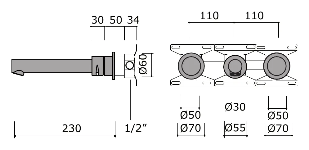 Wall Mounted Basin Tap With 230mm Spout technical drawing with dimensions