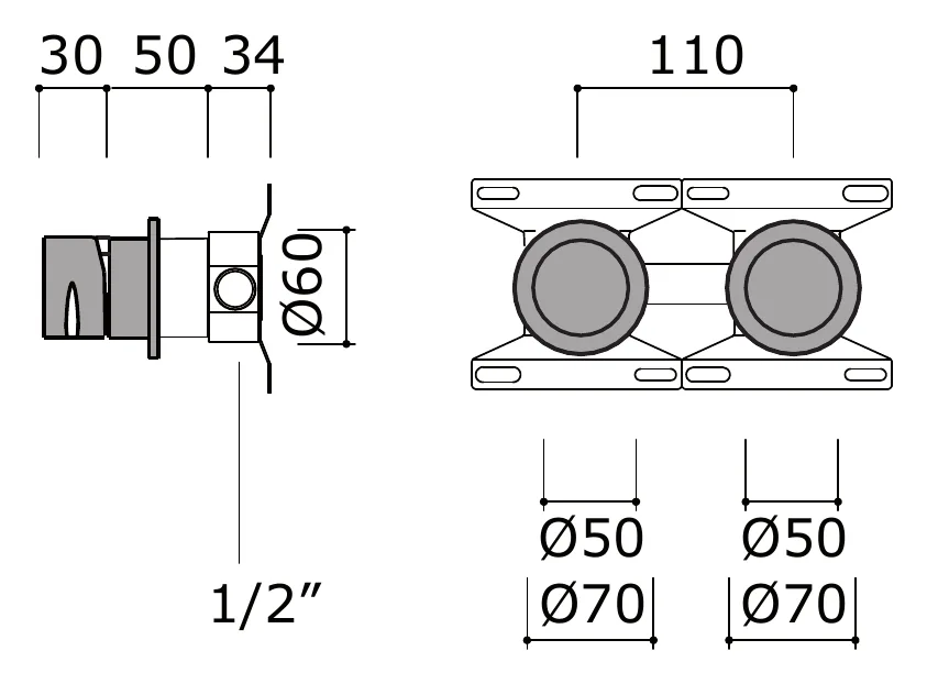 Wall Mounted Shower Set With Three Way Diverter technical drawing with dimensions