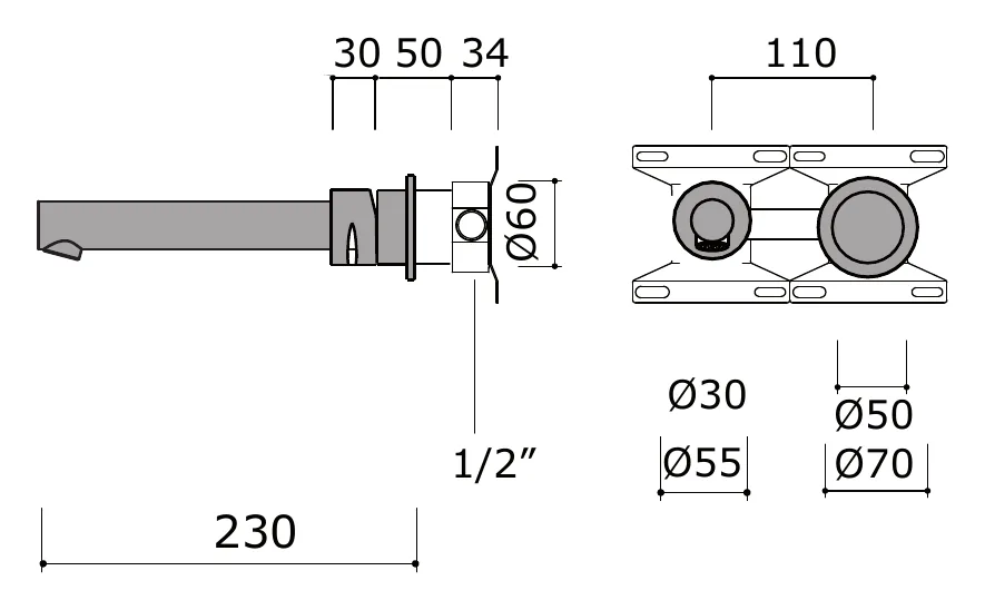 Wall Mounted Bathtub Filler With Spout technical drawing with dimensions