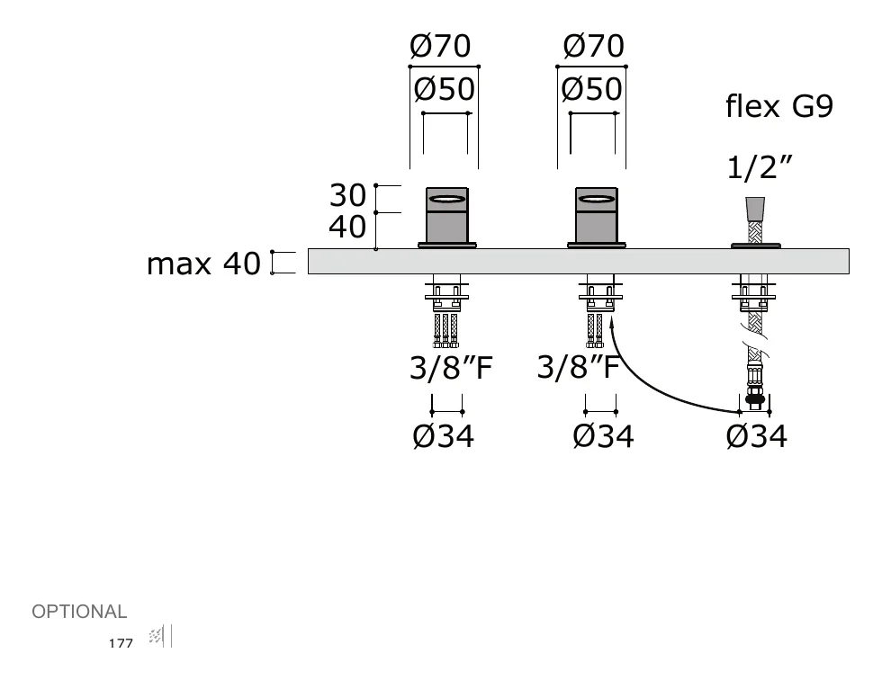 Deck Mounted Bath Set With Two Taps And Hand Shower technical drawing with dimensions