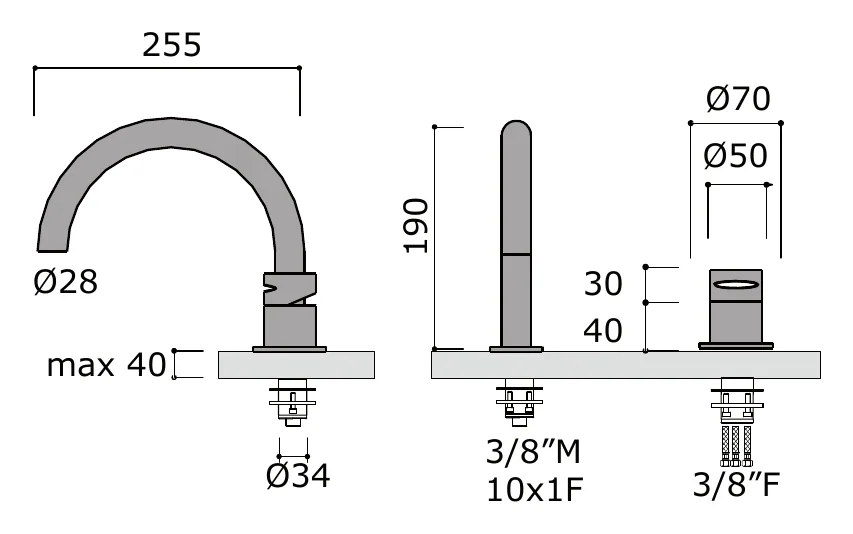 Wall Mounted Bath Filler Set With Spout technical drawing with dimensions