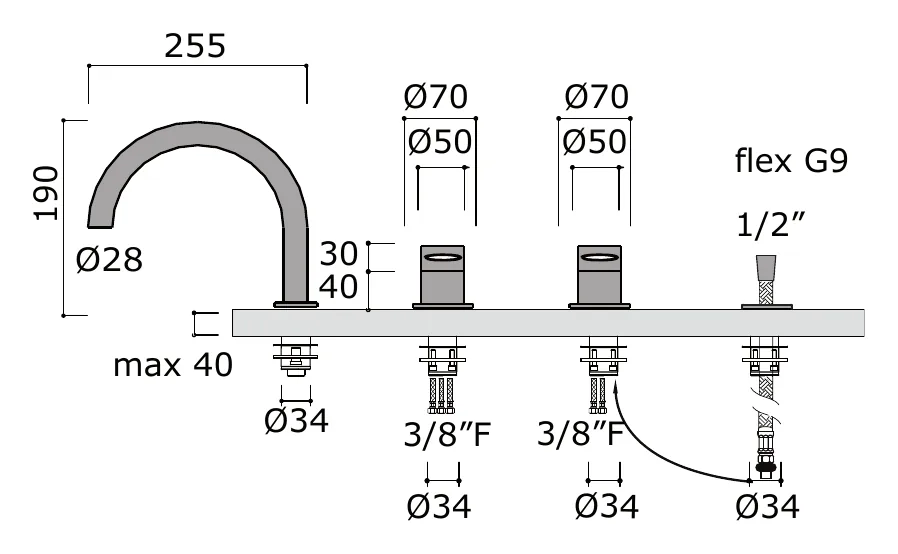 Deck Mounted Bath Set With Spout And Hand Shower technical drawing with dimensions
