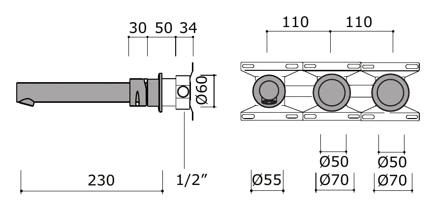 Wall Mounted Bath Set With Diverter And Spout technical drawing with dimensions