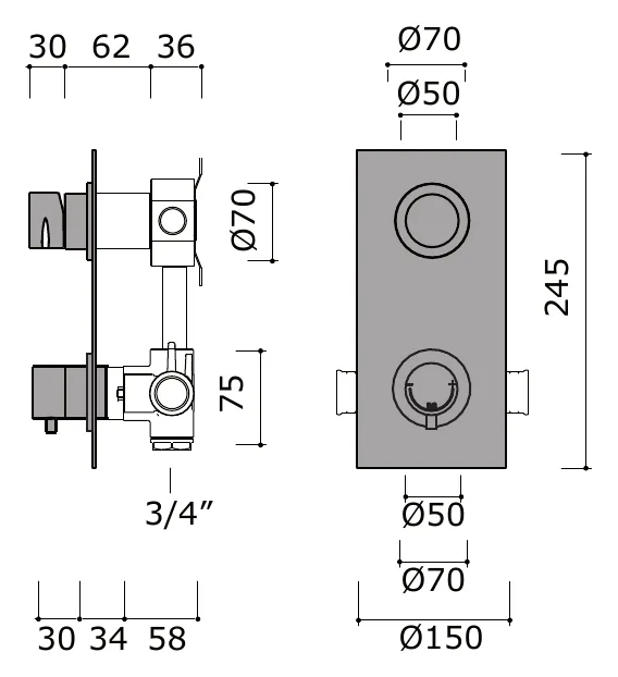 Thermostatic Shower Set With One Shut Off Valve technical drawing with dimensions