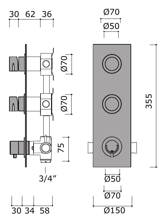 Thermostatic Shower Set With Two Shut Off Valves technical drawing with dimensions