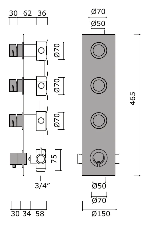 Thermostatic Shower Set With Three Shut Off Valves technical drawing with dimensions