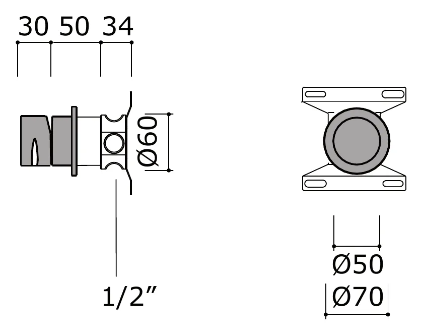 Three Way Diverter Without Wall Mounting Kit technical drawing with dimensions