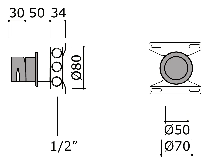 Five Way Diverter Without Wall Mounting Kit technical drawing with dimensions