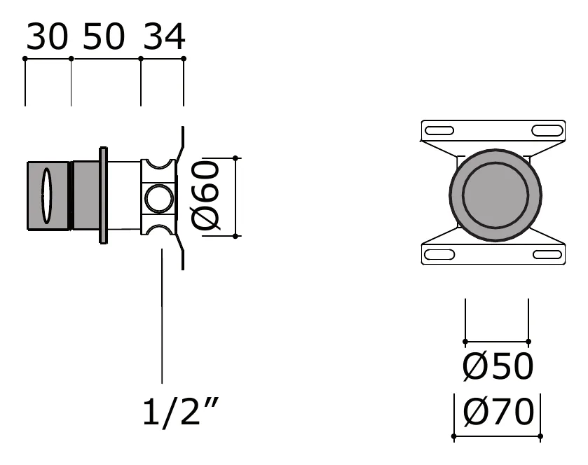 Three Way Wall Mounted Diverter technical drawing with dimensions
