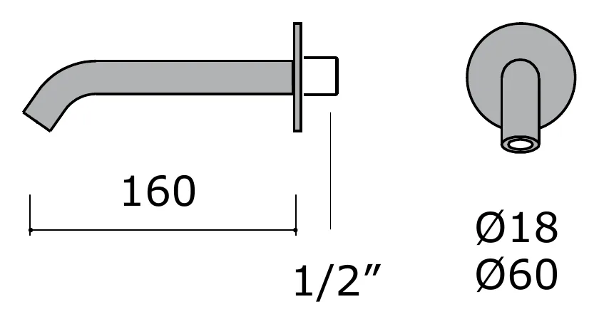 Wall Mounted Bath Spout in 316L Stainless Steel technical drawing with dimensions