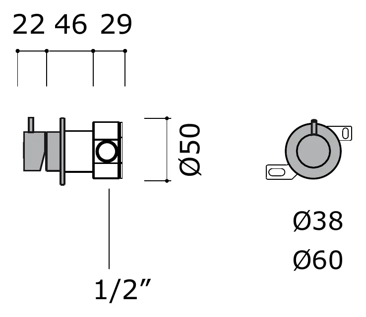 Wall Mounted Bath Mixer in 316L Stainless Steel technical drawing with dimensions
