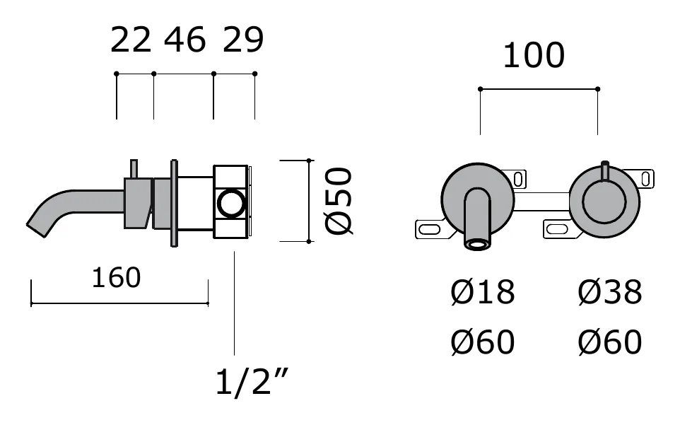 Wall Mounted Basin Mixer Set with 160mm Spout technical drawing with dimensions