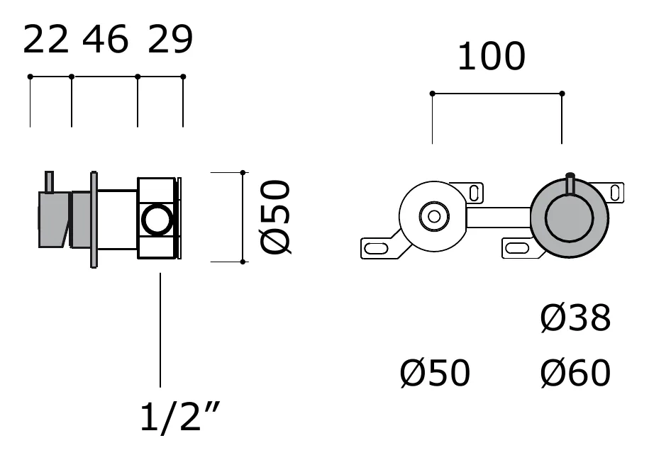 Concealed Wall Mounted Shower Valve without Spout technical drawing with dimensions