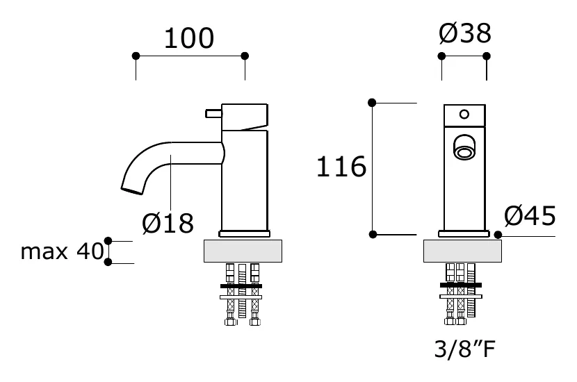 Deck Mounted Basin Mixer without Drain, 316L Steel technical drawing with dimensions