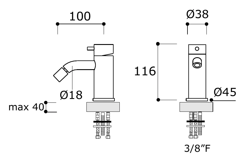 Deck Mounted Bidet Mixer without Drain, 316L Steel technical drawing with dimensions