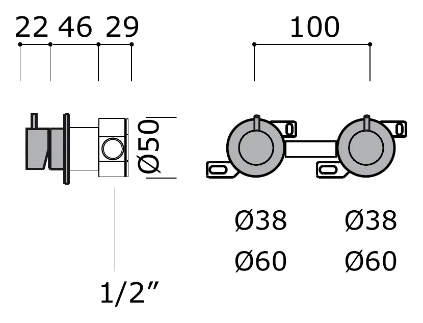 Wall Mounted Shower Mixer Set with 2 Way Diverter technical drawing with dimensions