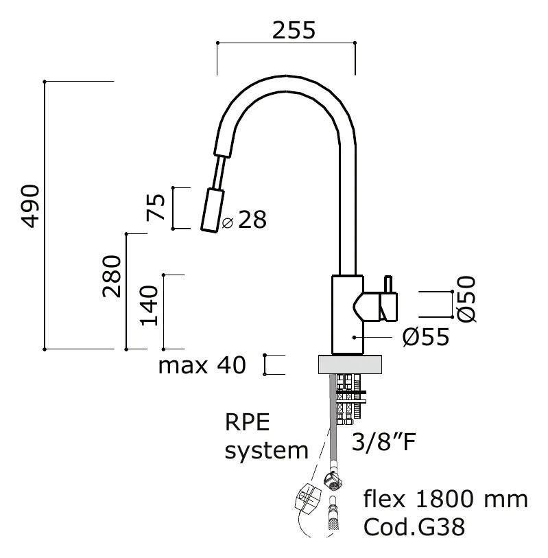 Deck Mounted Single Lever Sink Mixer with Pull Out Swivel Spout technical drawing with dimensions