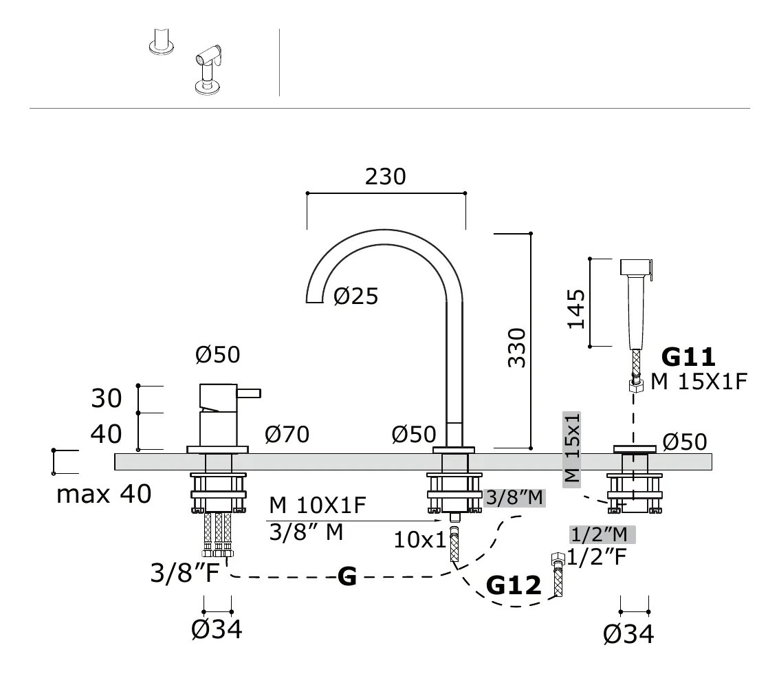Kitchen Set Sink Mixer with Swivel Spout technical drawing with dimensions
