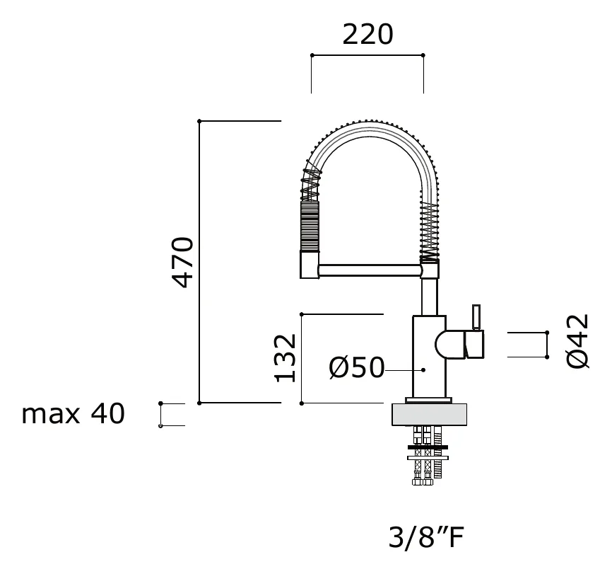 Deck Mounted Kitchen Sink Mixer With 360 Swivel Spout technical drawing with dimensions