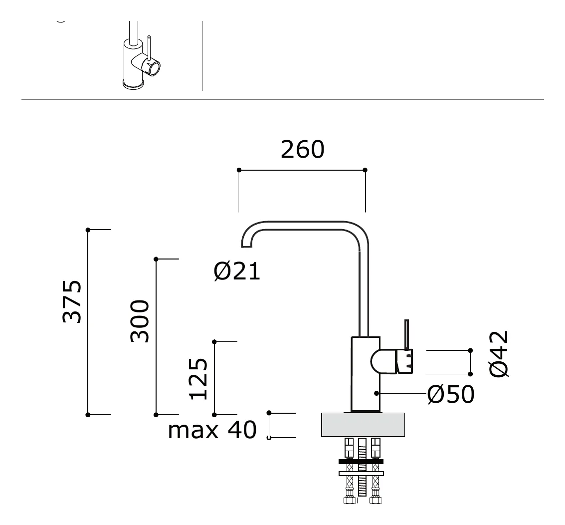 Deck Mounted Single Lever Sink Mixer with Swivelling Spout technical drawing with dimensions
