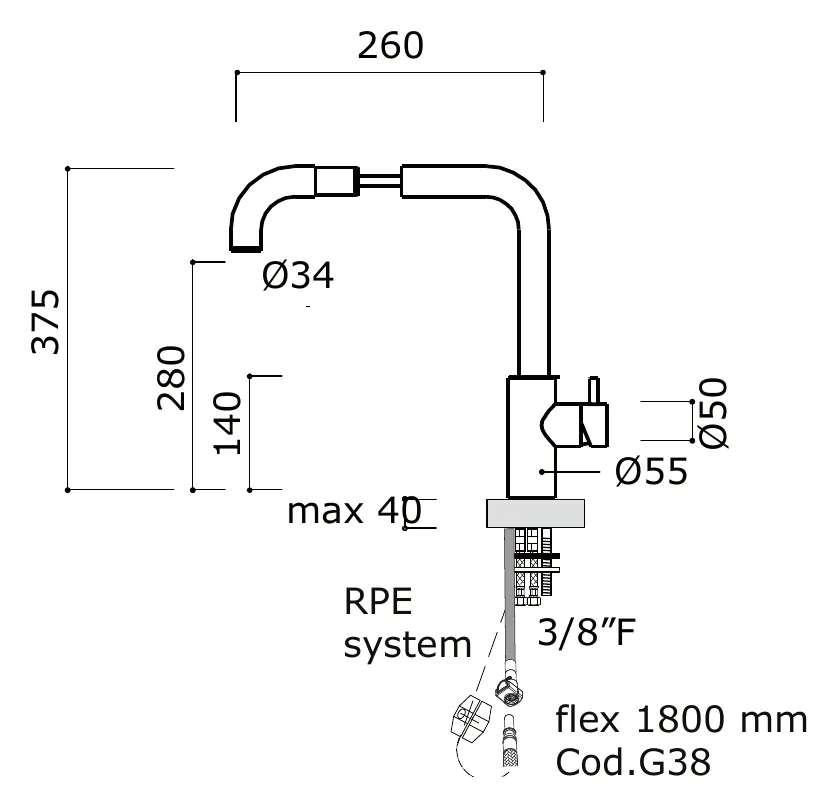 Deck Mounted Kitchen Sink Mixer with Pull Out Spout technical drawing with dimensions