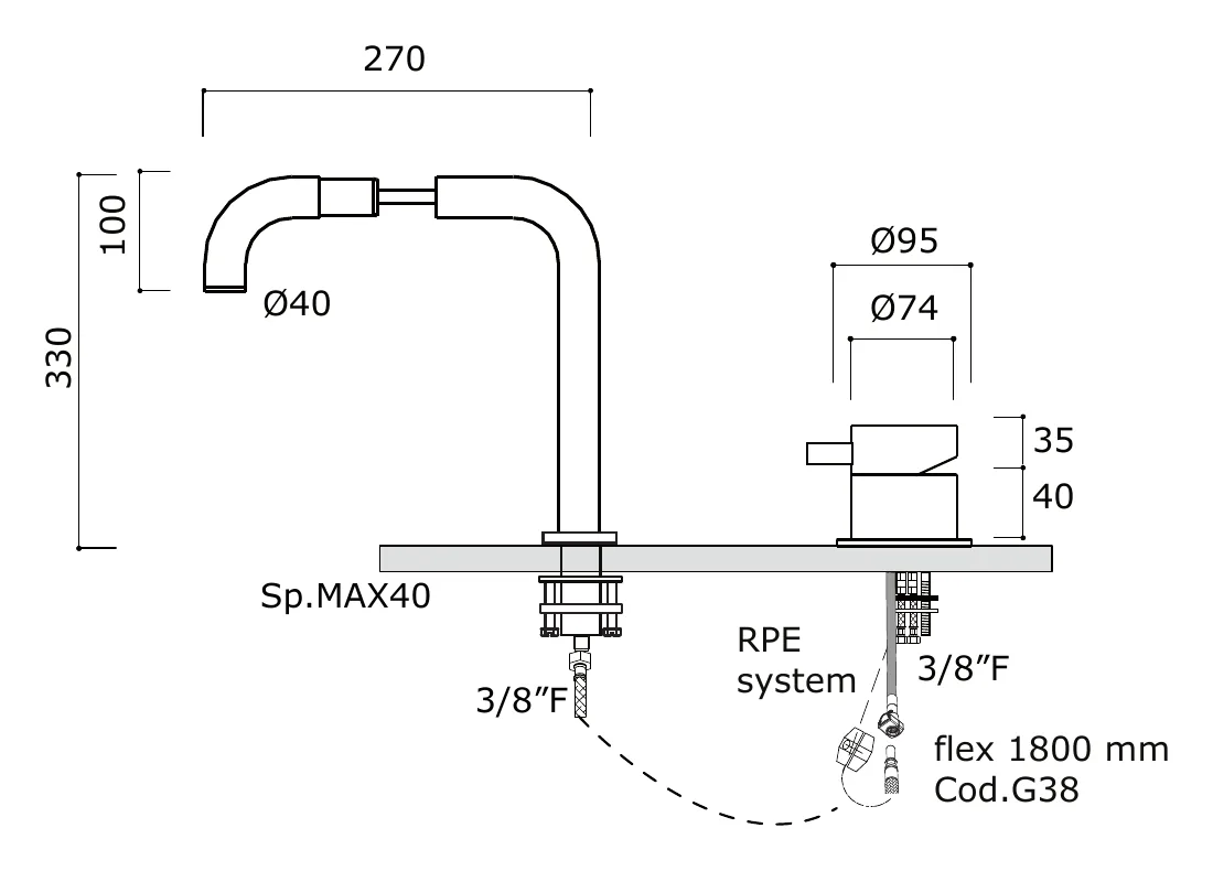 Exposed Kitchen Sink Mixer with Pull Out Swivel Spout technical drawing with dimensions