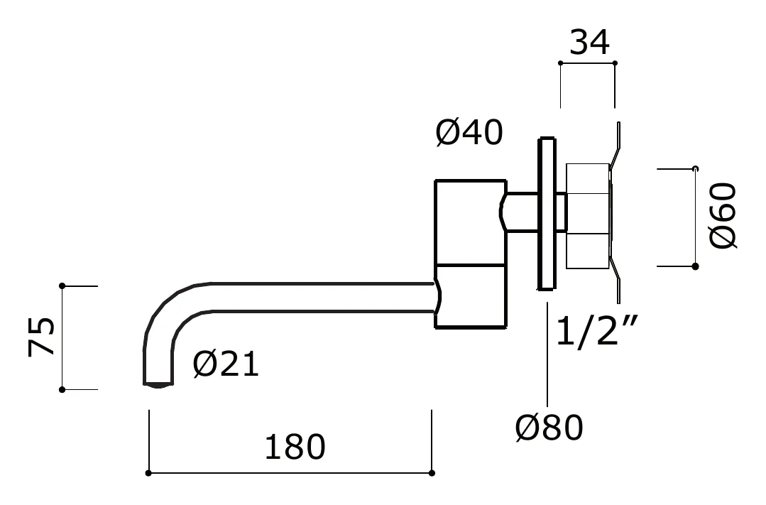 Wall Mounted Adjustable Kitchen Spout technical drawing with dimensions