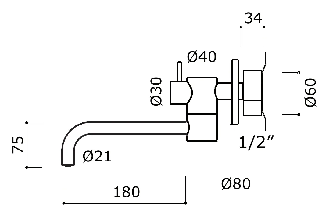 Wall Mounted Cold Water Kitchen Spout technical drawing with dimensions