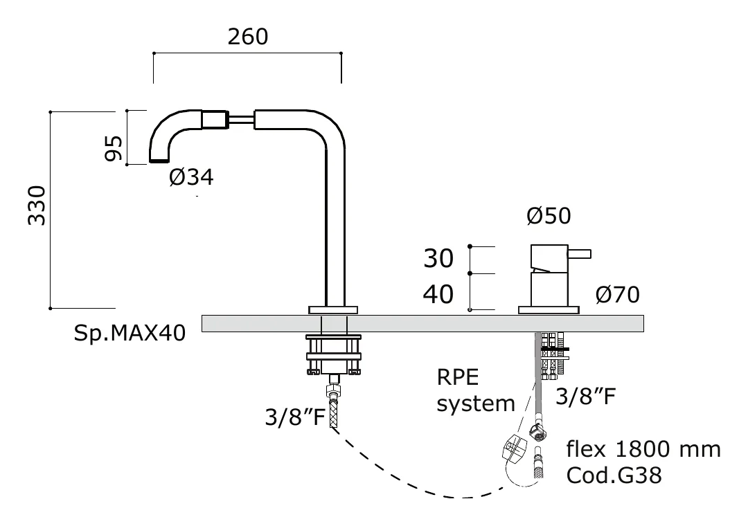 Exposed Set Sink Mixer With Pull Out Spout technical drawing with dimensions
