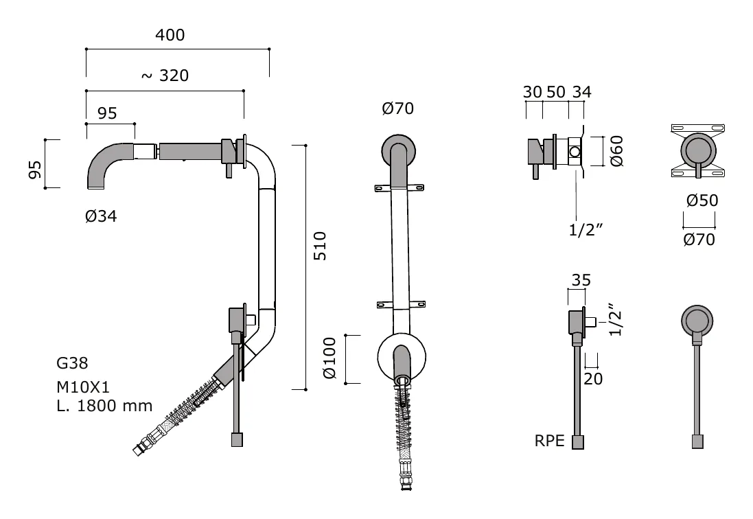 Wall Mounted Kitchen Sink Mixer Set technical drawing with dimensions