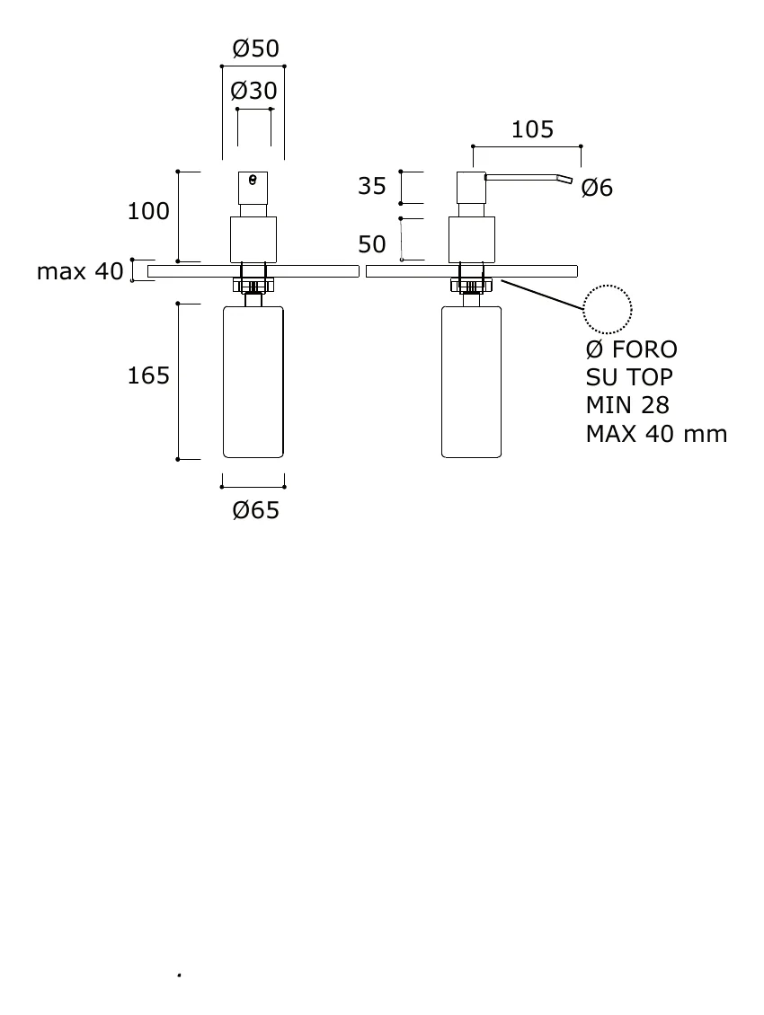 Deck Mounted Stainless Steel Soap Dispenser technical drawing with dimensions