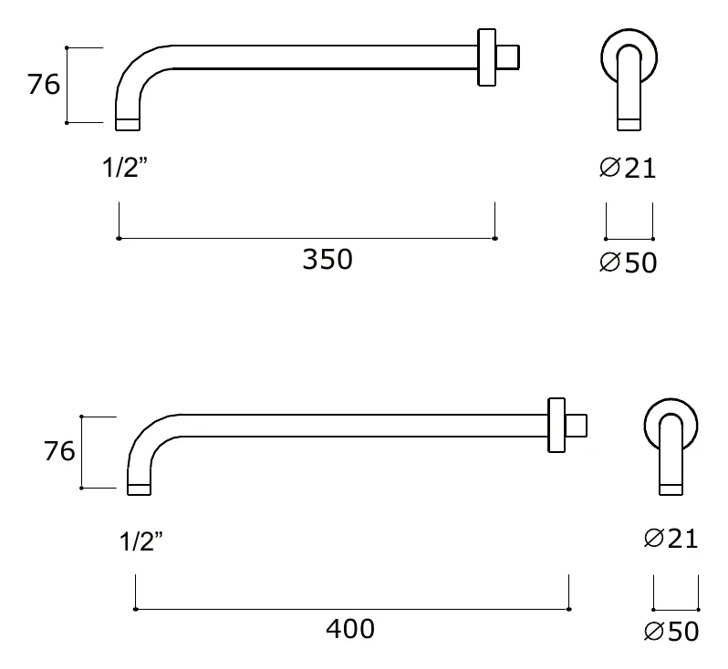 350 mm Wall Mounted Horizontal Shower Arm technical drawing with dimensions