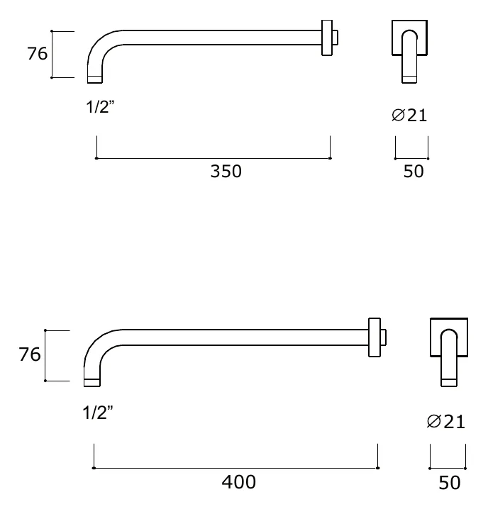350 mm Horizontal Shower Arm, Square Plate technical drawing with dimensions