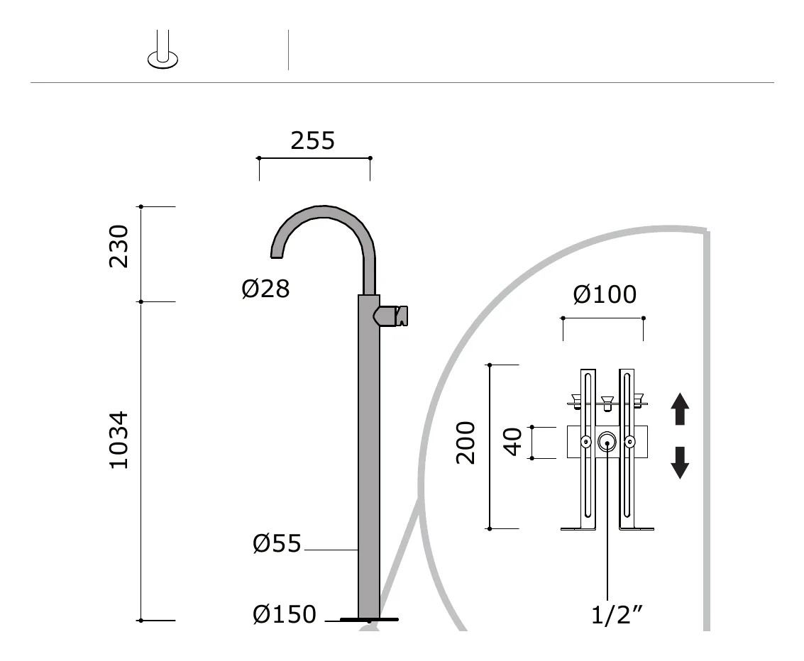 Deck Mounted Countertop Basin Mixer technical drawing with dimensions