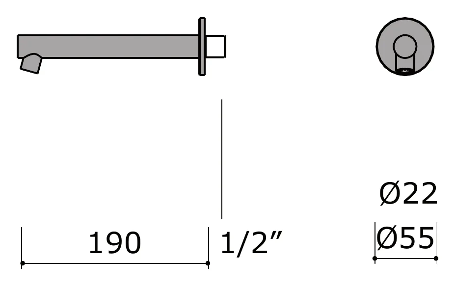 Wall Mounted Bath Spout 190mm technical drawing with dimensions