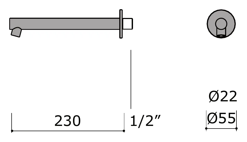 Wall Mounted Bath Spout 230mm technical drawing with dimensions