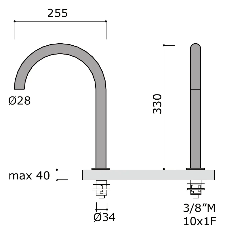 Deck Mounted Bath Spout technical drawing with dimensions