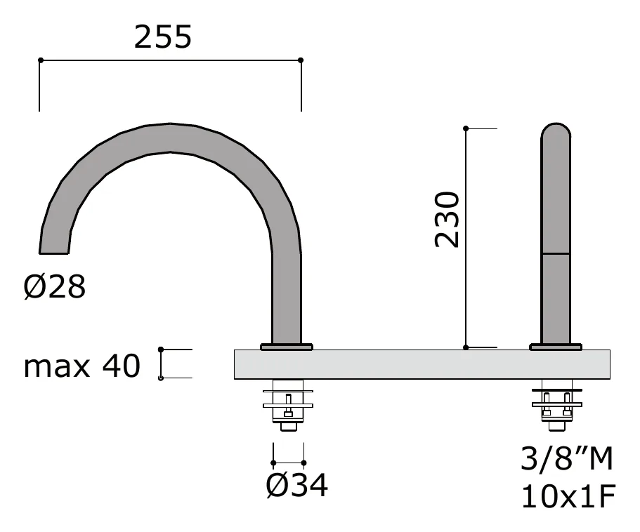 Deck Mounted Basin Spout technical drawing with dimensions