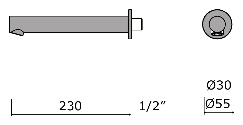 Wall Mounted Spout, 230 mm Reach technical drawing with dimensions