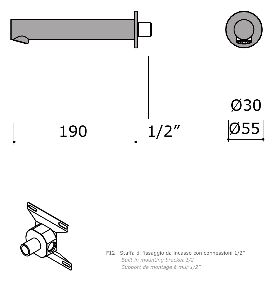 Wall Mounted Spout, 190 mm Reach technical drawing with dimensions