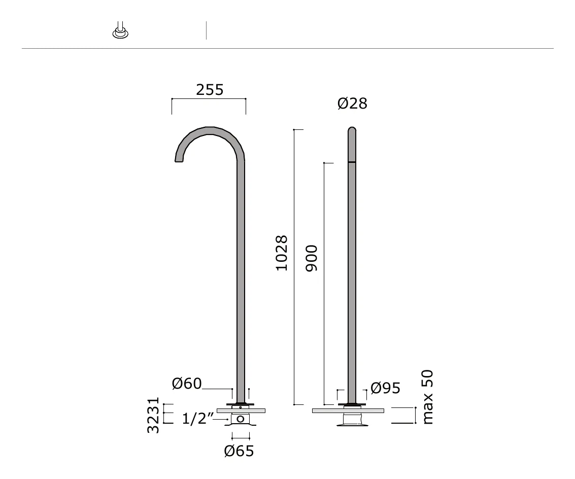 Freestanding Washbasin Spout technical drawing with dimensions