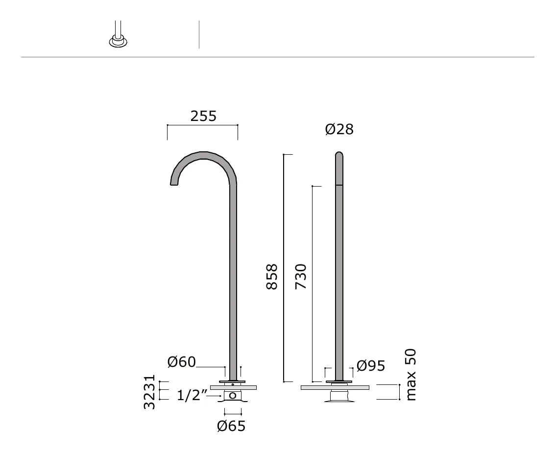 Freestanding Bath Spout Filler technical drawing with dimensions