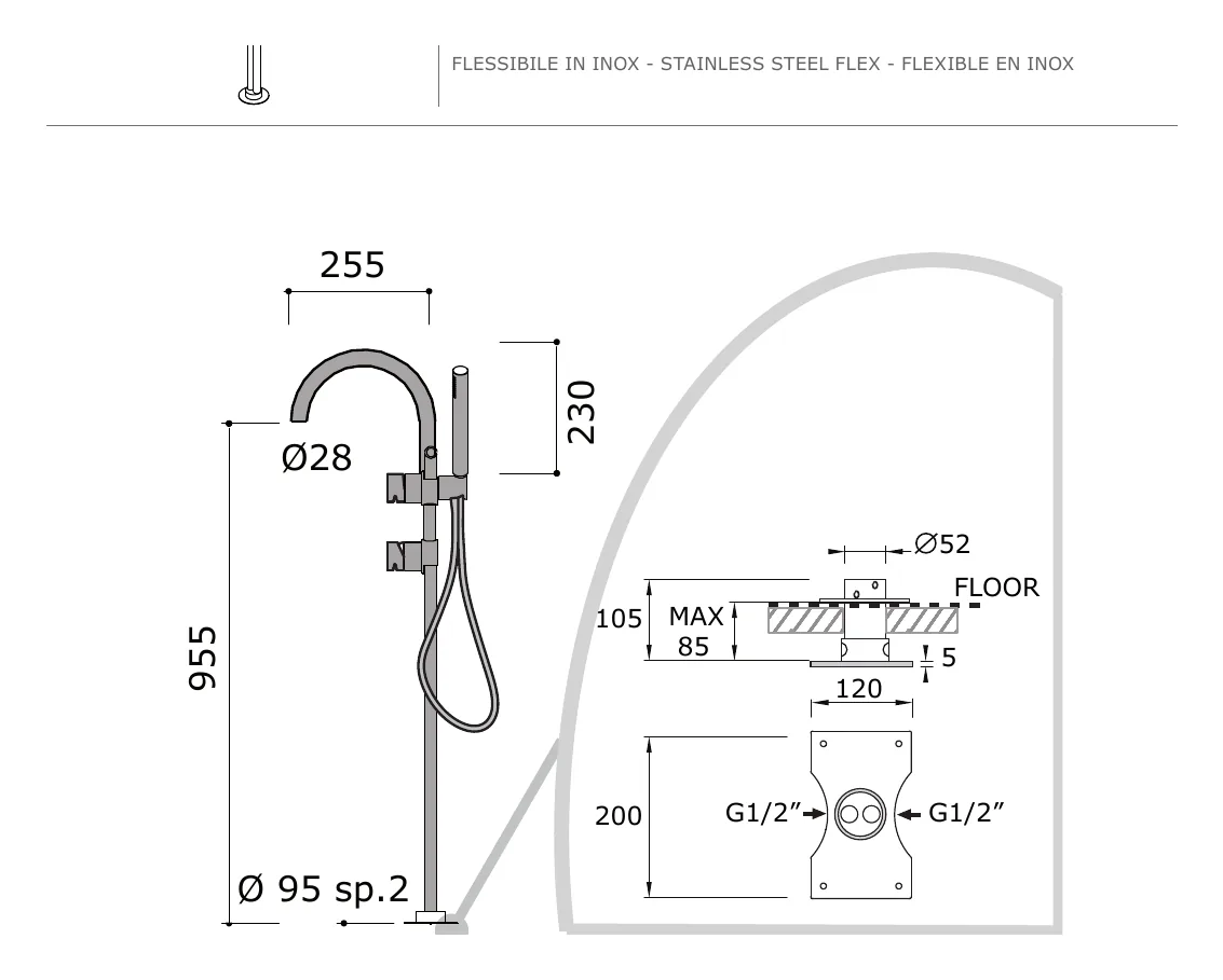 Freestanding Bath Mixer with Handshower technical drawing with dimensions
