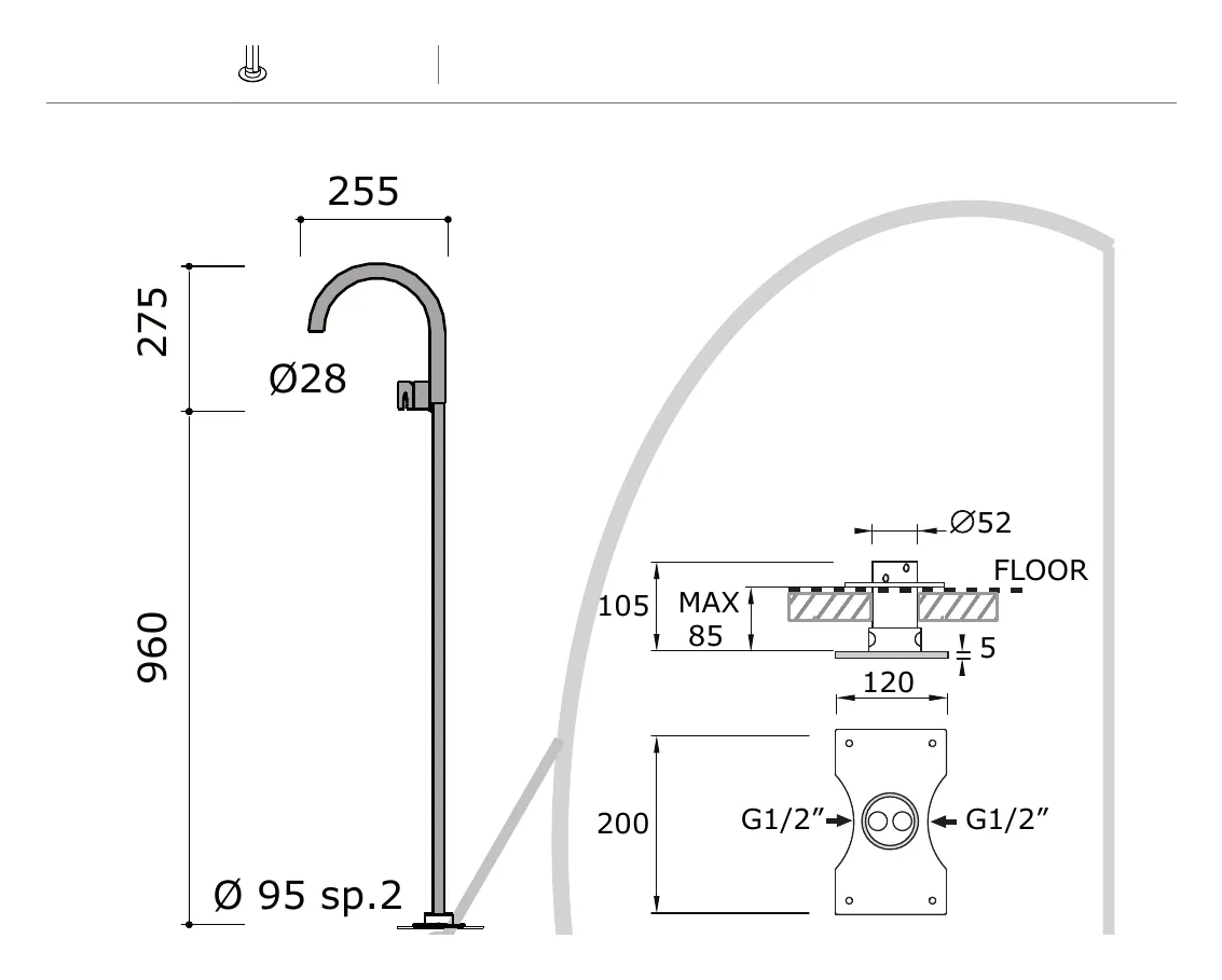 Freestanding Basin Mixer technical drawing with dimensions