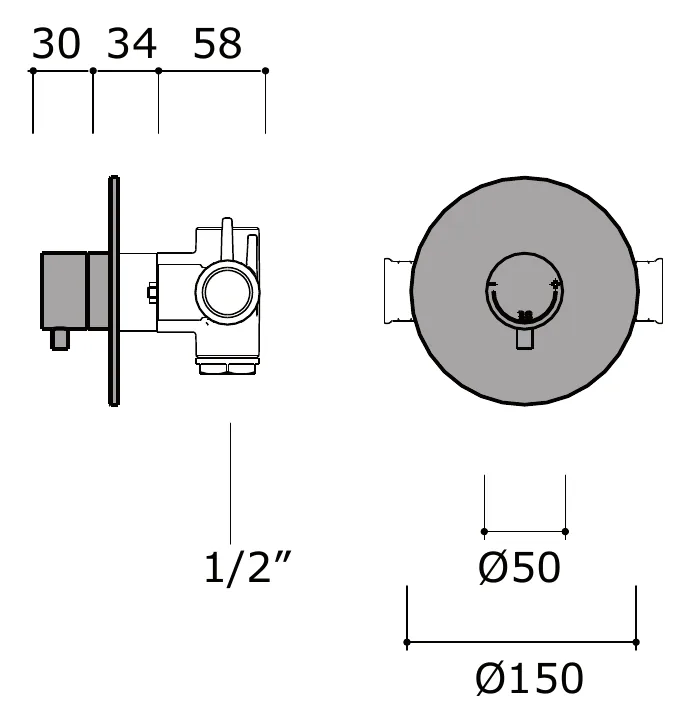 Wall Mounted Thermostatic Shower Mixer, Half Inch technical drawing with dimensions
