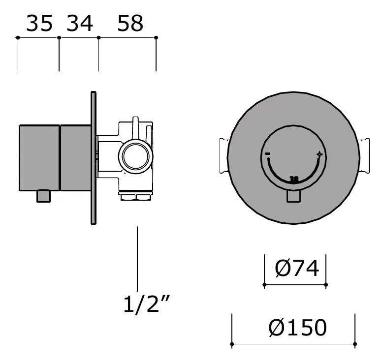 Half Inch Wall Mounted Thermostatic Shower Mixer technical drawing with dimensions