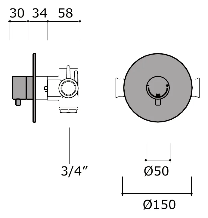 Wall Mounted Thermostatic Shower Mixer 3/4 Inch technical drawing with dimensions