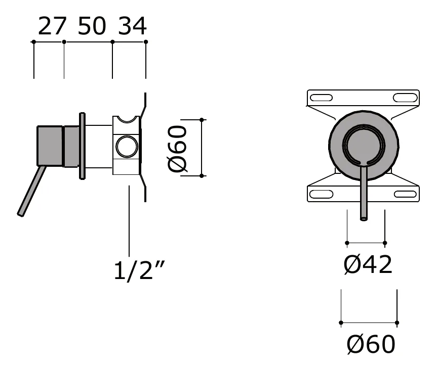 Wall Mounted Shut-Off Valve, Half Inch Connections technical drawing with dimensions