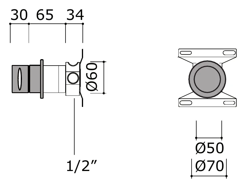 Half Inch Wall Shut-Off Valve technical drawing with dimensions