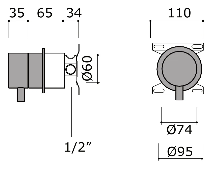 Half Inch Wall Mounted Shut Off Valve technical drawing with dimensions